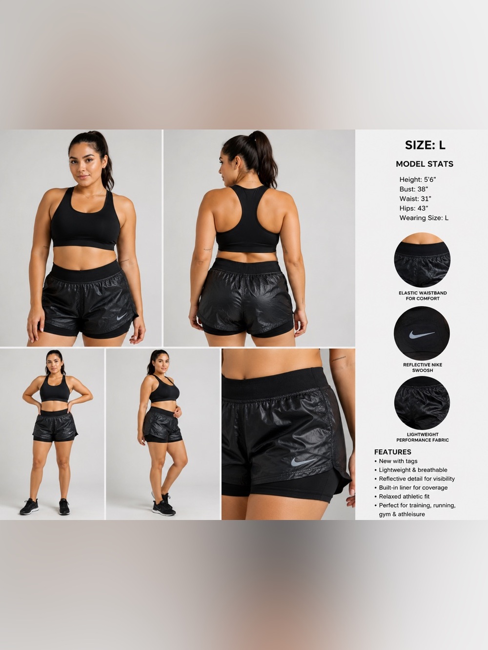 NWT Nike Black Reflective Lightweight Athletic Shorts Women’s Size L